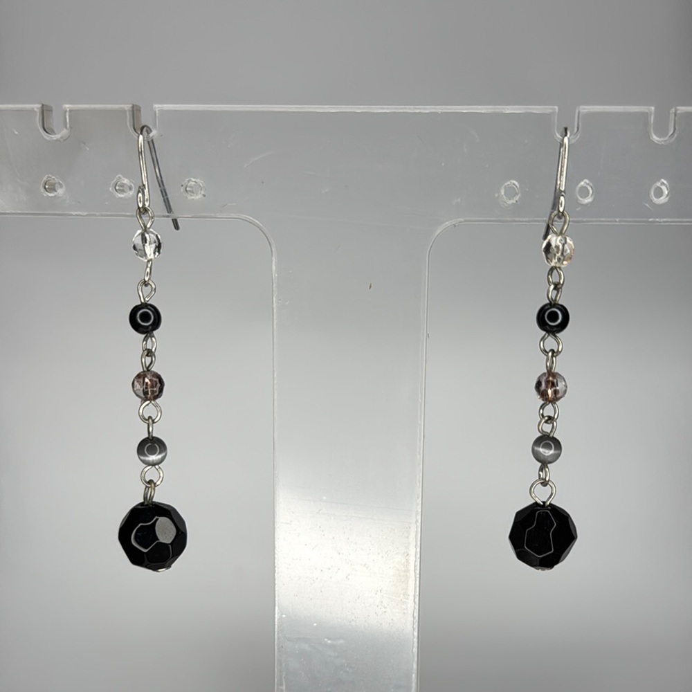 Black and Silver Linear Drop Earrings with Beads